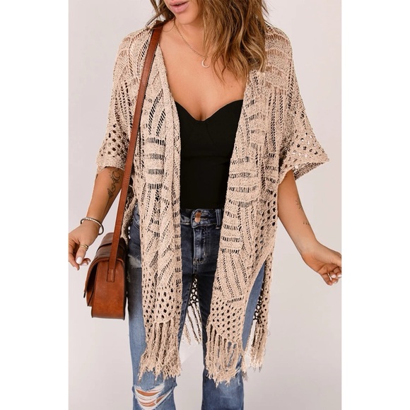 Tan Open Knit Fringe Cardigan – Western Boho One Size - Picture 1 of 3